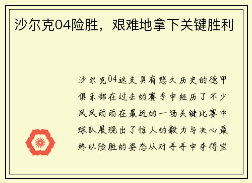 沙尔克04险胜，艰难地拿下关键胜利